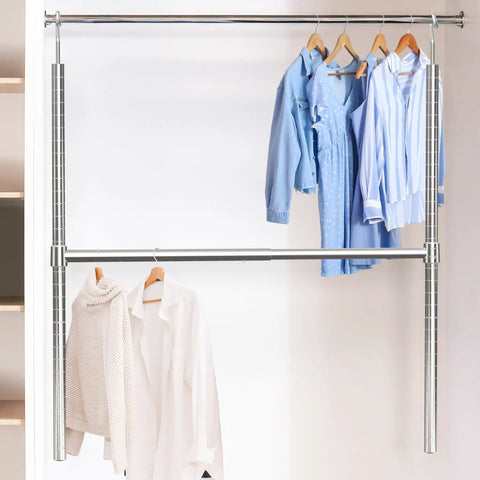 Adjustable Hanging Closet Rod Chrome Finish Extends From 18.75 To 30.5 Inches In 7 Positions And Stays Level With 1 Inch Height Adjustments