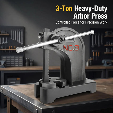 3 Ton Manual Arbor Press Built Like A Tank Heavy Duty Desktop Hand Press With Robust Cast Iron Construction And 12 Inch Work Height for precision work.