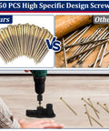 Comparison of 50 screws in Slick Squeaky Floor Repair Kit with drill tool demonstrating easy installation on floor.