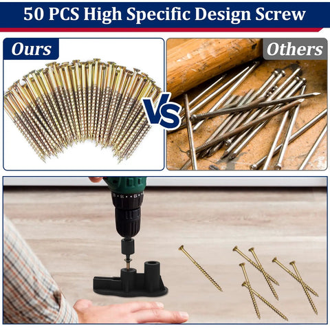 Comparison of 50 screws in Slick Squeaky Floor Repair Kit with drill tool demonstrating easy installation on floor.