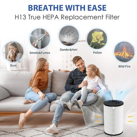 H13 HEPA replacement filter for air purifier, showing pollutants like dust and smoke. Family on couch enjoying clean air.