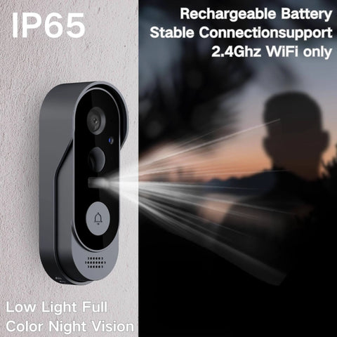 1080P Video Doorbell With Night Vision And Two Way Audio Battery Powered Outdoor Security Camera mounted on wall at sunset.