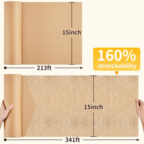 15 Inch By 213 Foot Honeycomb Packing Paper Bubble Wrap For Packing Shipping And Moving, showing stretchability to 341ft