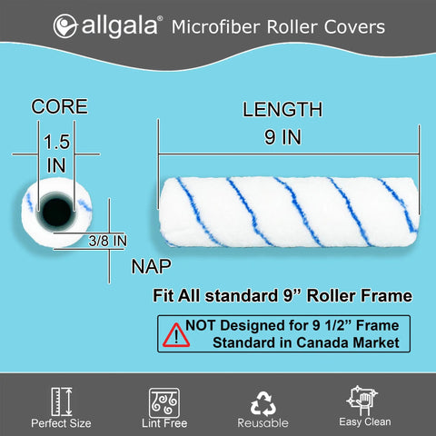 Top Shelf Microfiber Paint Roller Covers 9 Inch Shedless Lint Free Three Eight Nap with core and length specifications.