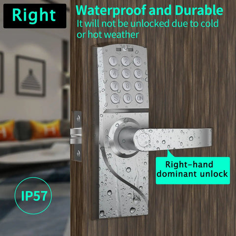 Door Lock With Keypad And Handle Smart Keyless Entry For Front Door Office And Rentals Commercial Grade Security No Fingerprint Residue Zinc Button Hidden Emergency Keyhole Right Hand Silver Finish on a wooden door with water droplets