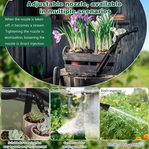Two Pack Cordless Plant Sprayer Wand Set showing adjustable nozzle watering flowers and plants with rechargeable battery