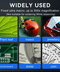 Dope Handheld Digital Microscope With Light And 2.0 Inch IPS Color Screen, Portable Magnifying Glass 500x, 8 LED Illumination, USB Compatible For Windows And Mac OS, Perfect For Jewelry, Electronics, Coins, Stamps And Macro Work. chart of leaf, insect, jewelry, circuit board, dollar and coin