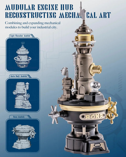 Navi Lighthouse Mechanical 3D Puzzle Lighted DIY Building Set For Adults Desk Decor And Gift Ideas with modular engine hub
