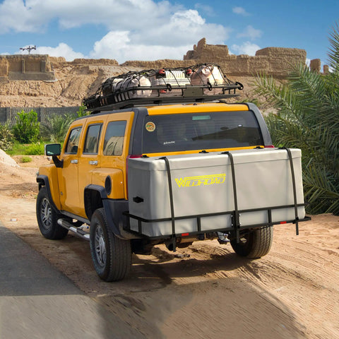 Yellow SUV with Foldable 60x24x6 Inch Hitch Carrier Basket For 2 Inch Receiver With 500 Lb Capacity 18.2 Cu Ft Waterproof Cargo Bag
