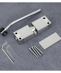 Silver automatic door closer set with tools, Easy Install Automatic Spring Door Closer, adjustable for indoor doors.