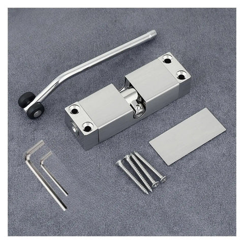 Silver automatic door closer set with tools, Easy Install Automatic Spring Door Closer, adjustable for indoor doors.
