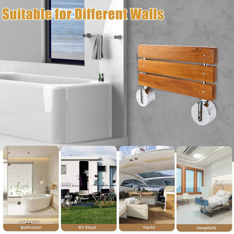 20 Inch Teak Folding Shower Seat Wall Mounted Fold Down Bench for Small Bathrooms shown in bathroom, RV, yacht, and hospital.
