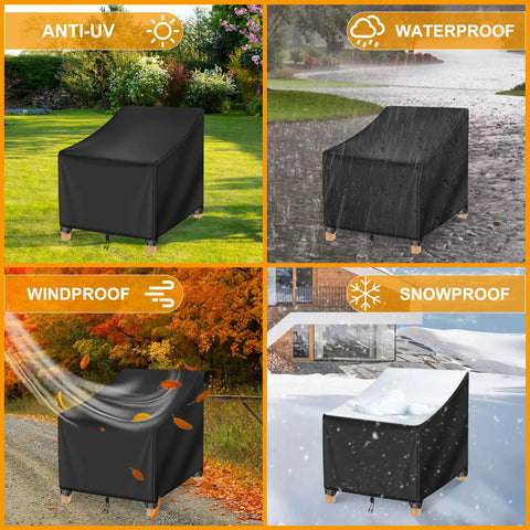 Heavy Duty All Weather Waterproof Patio Chair Covers 2 Pack For Outdoor Lawn Furniture, UV Resistant, No Tears No Fading, shown in various weather conditions.