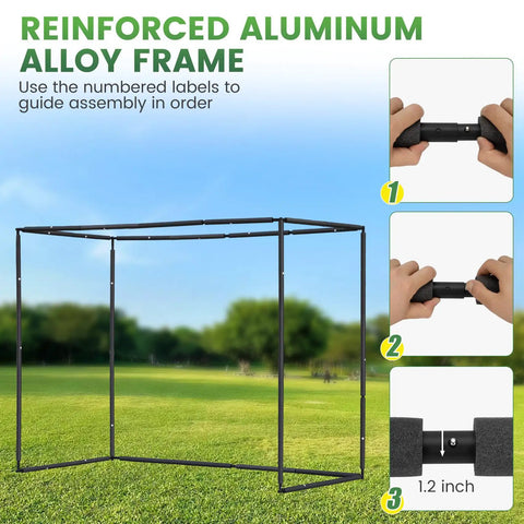 Reinforced aluminum frame assembly for All In One Golf Simulator Enclosure Kit With Pro Grade HD Impact Screen shown in outdoor setup.