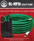 115 Volt 1/6 HP Submersible Utility Pump with 1300 GPH Flow shown with garden hose adapter and thermoplastic design