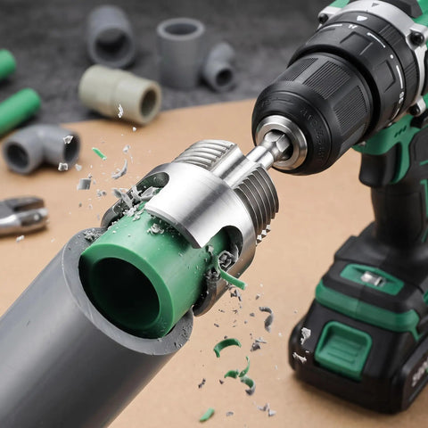 Heavy Duty 3 Pc Pipe Threader Kit For Cutting Internal External Threads On 1.2 And 1 Inch PVC Pipes compatible with Electric Drill in action.
