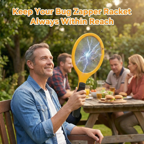 Man using Ultra Fast Electric Fly Swatter Bug Zapper For Indoor Outdoor Use 2200V Mosquito Killer Handheld Zap Tool at outdoor gathering