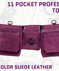 Image of 11 Pocket Suede Leather Tool Belt With Purple Bag, 2 Inch Leather Webbing Belt, Two Hammer Holders, Pro Grade Gear.
