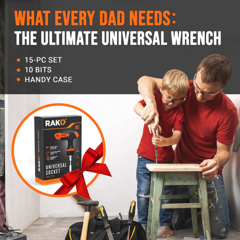 Father and son using Universal Socket Tool Set For Men 15 Piece Gift Kit With 1/4 To 3/4 Inch Wrench Grip, T Handle Ratchet Driver