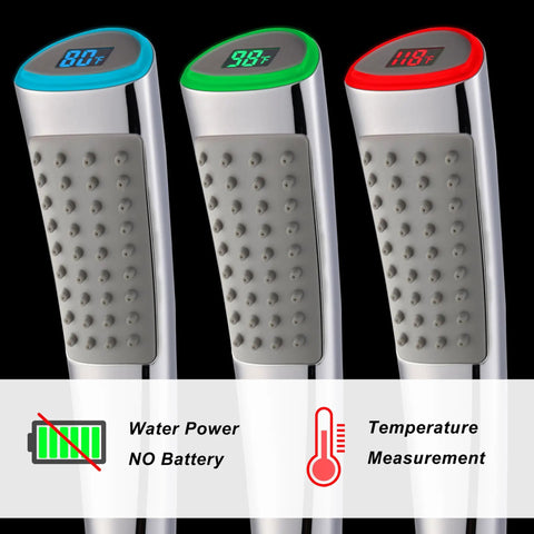 LED Temperature Display Handheld Shower Head With Water Powered Fahrenheit Readout No Battery Needed For Skin Safe Showering Kid Friendly And Pet Approved 79 Inch Hose Bracket Polished Chrome showing temperature display