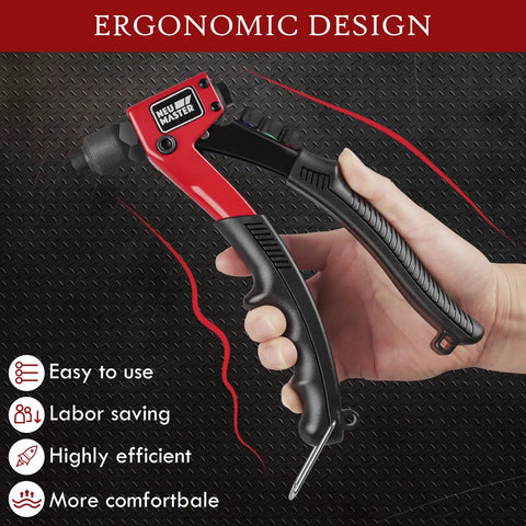 Close-up of Heavy Duty Rivet Gun Kit With 4 Tool Free Interchangeable Heads And Carrying Case Includes 200 Rivets