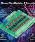 Eight Channel Optical Isolation Module For 24V To 5V Level Conversion With NPN Output PLC Signal Converter Board, Ideal For Microcontroller Projects And PLC Systems, Compact 3.8 X 2.8 X 0.6 Inch on circuit board background