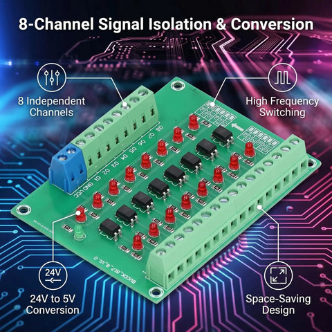 Eight Channel Optical Isolation Module For 24V To 5V Level Conversion With NPN Output PLC Signal Converter Board, Ideal For Microcontroller Projects And PLC Systems, Compact 3.8 X 2.8 X 0.6 Inch on circuit board background
