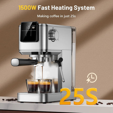 Premium Stainless Steel Espresso Machine 20 Bar With Touch Screen And Steam Wand Milk Frother making espresso in just 25 seconds.