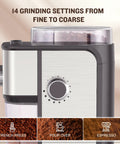 Ayhiro Stainless Steel Flat Burr Coffee Grinder With 14 Precision Settings For Espresso French Press And Drip Coffee Makes 2-12 Cups Electric Bean Mill showing control dial and grind settings.
