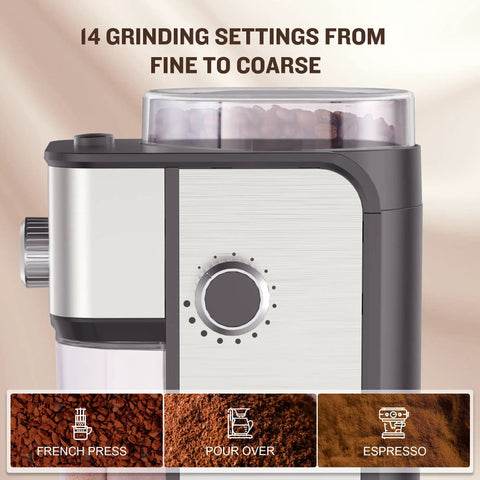 Ayhiro Stainless Steel Flat Burr Coffee Grinder With 14 Precision Settings For Espresso French Press And Drip Coffee Makes 2-12 Cups Electric Bean Mill showing control dial and grind settings.