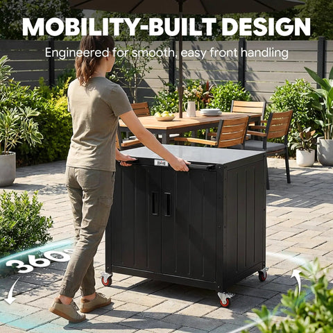 Person pushing Patio-Ready Outdoor Grill Cart With Storage Cabinet And Stainless Steel Top, 35-Inch Grill Station With Door, Modular Kitchen Island For Food Prep And BBQ, Black And Silver on patio