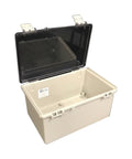 Heavy Duty NEMA 4X Plastic Electrical Enclosure 12 By 8 Inch Light Gray With Hinged Cover and open lid showcasing interior space.