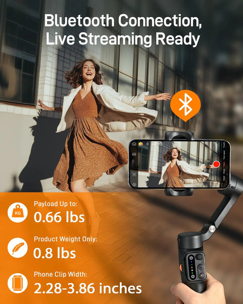 Compact 3 Axis Phone Gimbal With Detachable Magnetic Remote holding smartphone while recording spinning woman in city