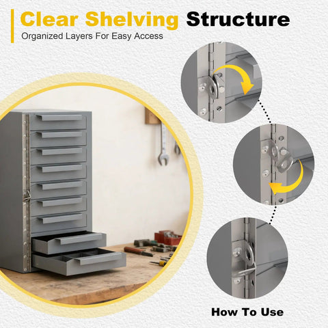 Lockable 9 Drawer Steel Parts Cabinet, Fully Assembled Welded Steel Construction for Tough Job Sites, 12.8W X 11.81D X 23.7H Inches, Built Like a Tank Heavy Duty Tool Organizer for Service Truck, Garage, or Workshop, Gray, open drawers