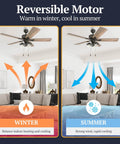 River Run 52 Inch Farmhouse LED Ceiling Fan With Light, bronze finish, reversible motor showing winter and summer modes in living room
