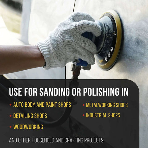 Person using 5 Inch Hook And Loop Dual Action DA Backing Plate Pad With 8 Hole Dustless Pattern Low Profile Edge Medium Density Foam For Random Orbital Sander And Polisher on metal surface