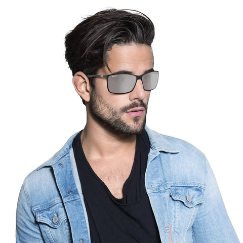 Man wearing Liteforce Square Sunglasses For Men With Polarized Mirrored Gradient Silver Lenses, Matte Black Finish, 62mm Frame