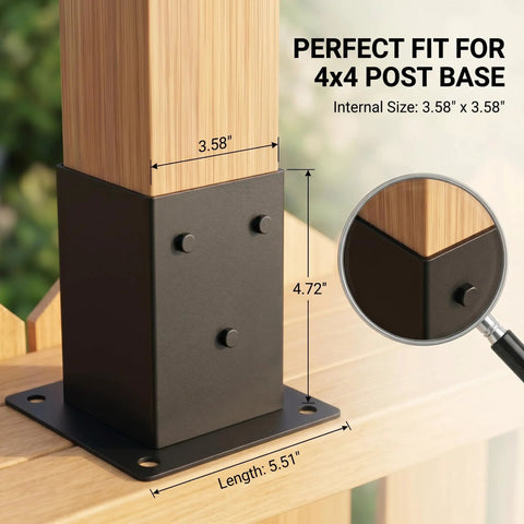 Heavy Duty 4 Pack Wood Post Brackets With Inner Size 3.58 By 3.58 Inches Powder Coated Matte Black Post Base Anchors, secure fit