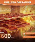 Heavy Duty Twelve Tray Food Dehydrator With Adjustable Temp And 800W Motor showing dual fan operation and jerky on trays.