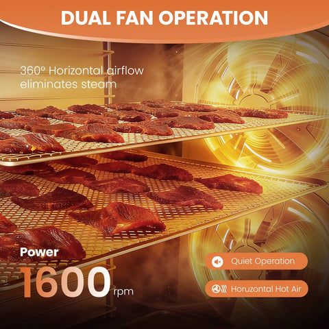 Heavy Duty Twelve Tray Food Dehydrator With Adjustable Temp And 800W Motor showing dual fan operation and jerky on trays.