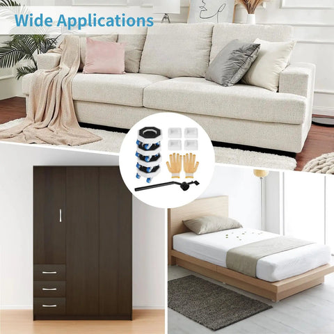 11 Piece Appliance Mover Kit With Heavy Duty Carbon Steel Pry Bar And Silent Roll Dolly Sliders For Easy Washing Machine And Refrigerator Transport Anti Slip Gloves Included Tough Gear Made In Usa displayed with furniture items including a couch, wardrobe, and bed.