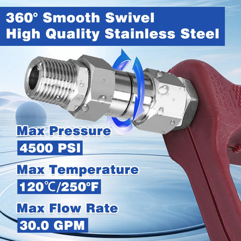 Close-up of M MINGLE 3/8 NPT pressure washer swivel fitting on red spray gun; stainless steel, 360-degree anti-twist connector