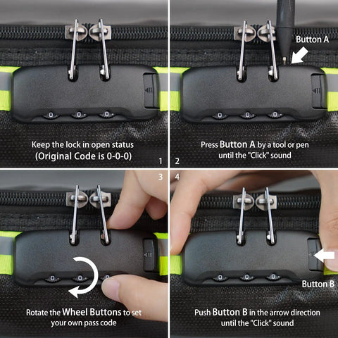 Lock instructions for Go-To Fireproof Document Bag With Lock And Reflective Strip, Water-Resistant Safe File Organizer for 16x11x5 inches.
