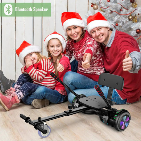 Go Kart Style Scooter Seat Attachment with colorful LED lights and Bluetooth, shown beside a family in festive clothing.
