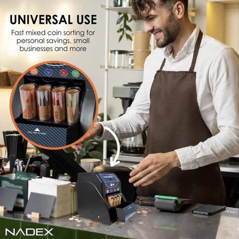Man using 36S Automatic Coin Sorter in cafe, sorting up to 200 coins per minute with pull tray access for easy denomination tube organization.