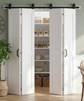 60 By 84 Inch Bifold Barn Door Kit With H Shape Hardware For Tight Squeezes, white bifold doors in stylish interior with storage.