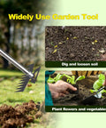 2-In-1 Weed Puller And Rake Tool For Weeding Dandelions And Grass in action on soil, showing tines and handle for gardens and lawns