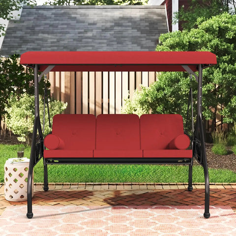 Three Seat Outdoor Porch Swing With Adjustable Canopy And Convertible Two In One Chair Patio Glider With Thick Cushions And Pillows For Poolside Hangout Backyard Red