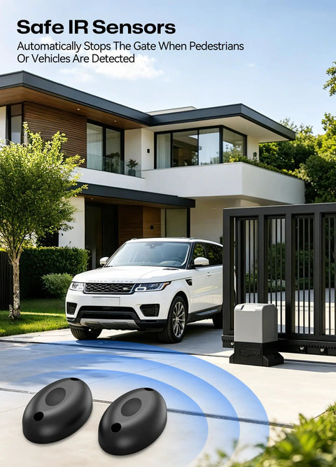Smart Sliding Gate Opener With Wifi Bluetooth App Control For Up To 40 Ft And 1800 Lb Gates featuring Safe IR Sensors for pedestrian detection.