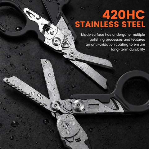 Six In One Folding Trauma Shears For EMTs And First Responders Pocket Size Rescue Scissors With Seatbelt Cutter Oxygen Wrench Window Breaker Tweezers And Ring Cutter Rustproof Stainless Steel Black, open with ruler blade